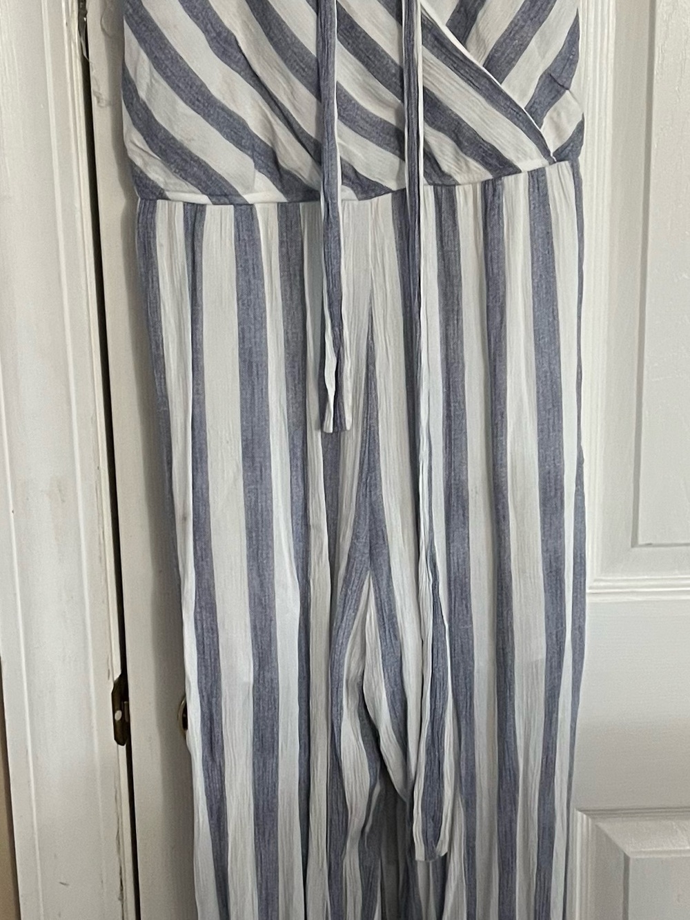 Navy and white linen jump suit